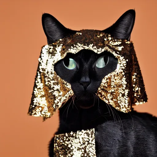 Image similar to a high - quality photo of a cat wearing a sequined designer cape, hyperrealistic, textured, animal portrait, f 2. 8