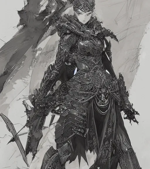 Prompt: anime woman in armor, pen and ink, intricate line drawings, by craig mullins, ruan jia, kentaro miura, greg rutkowski, loundraw