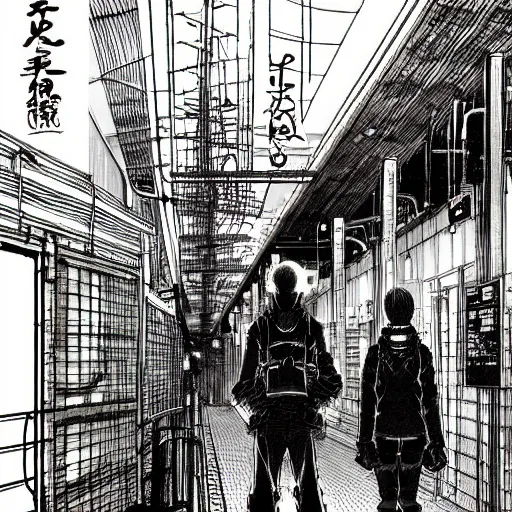 Prompt: a lonely night at the station, by Tsutomu Nihei, highly detailed