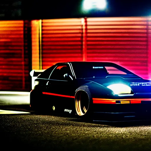 Prompt: a car 300ZX twin turbo drift at illegal car meet, Shibuya prefecture, city midnight mist lights, cinematic lighting, photorealistic, highly detailed wheels, high detail