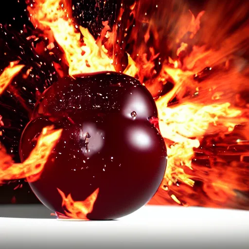 Image similar to cherry just after it explodes, octane render, ue 5 render, detailed fire, detailed explosion, white background