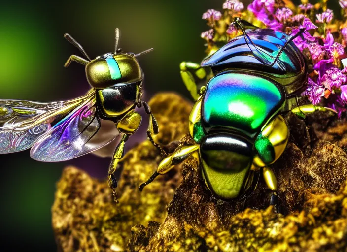 Prompt: super macro of an iridescent mechanical cyborg bee drinking from a flower in the forest. fantasy magic style. highly detailed 8 k. intricate. nikon d 8 5 0 3 0 0 mm. award winning photography.