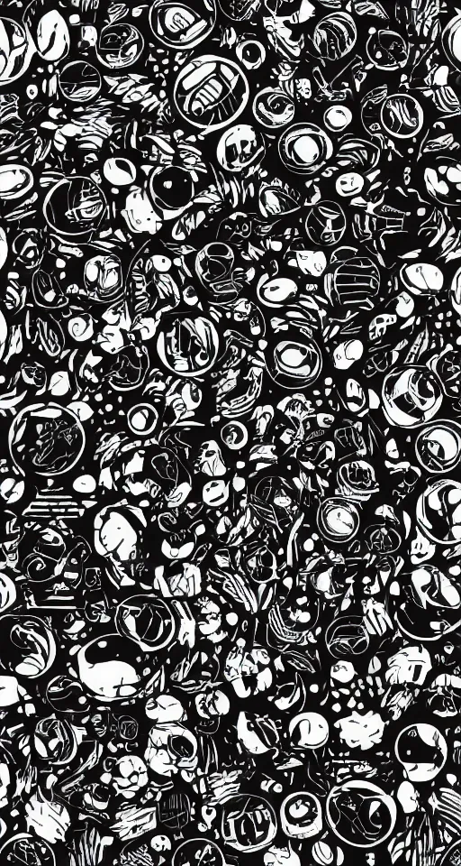 Prompt: vector pattern with Samus Aran and Metroids, vector illustration, simple colors, black OLED background, minimalism, simple, subtle, understated, symmetry, symmetrical, looping, artstation, DeviantArt