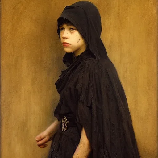 Image similar to portrait of a young girl covered in scars wearing a black hood, the young girl looks angry and seems to look for revenge, extremely detailed painting by gaston bussiere and j. c. leyendecker 8 k