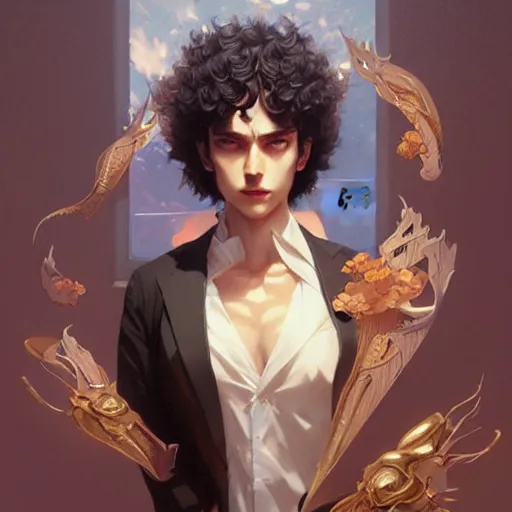 Image similar to Spike Spiegel, fantasy, intricate, elegant, highly detailed, digital painting, artstation, concept art, matte, sharp focus, illustration, art by Artgerm and Greg Rutkowski and Alphonse Mucha