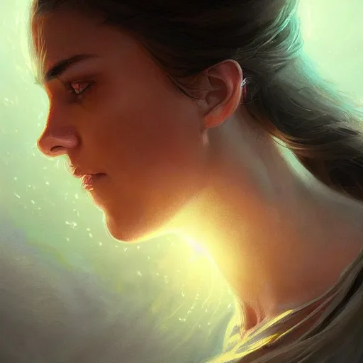 Image similar to Portrait of a light being, radiant, glowing light, filaments of light everywhere, intricate, cinematic lighting, highly detailed, digital painting, artstation, concept art, smooth, sharp focus, illustration, art by Artgerm and Greg Rutkowski, Cgsociety