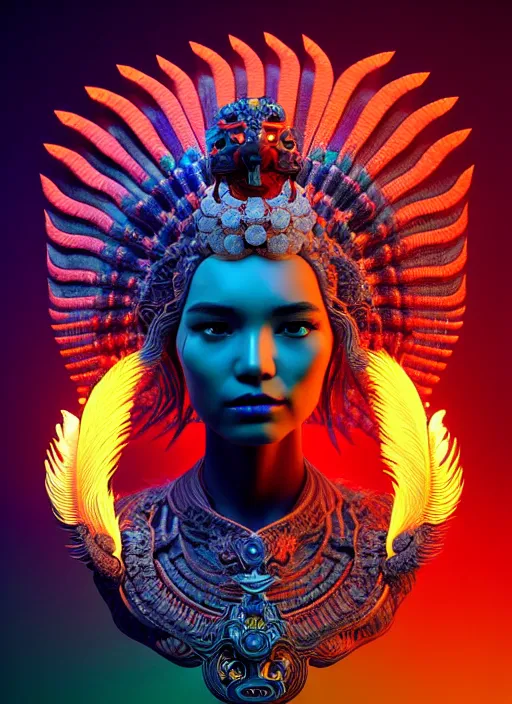 Image similar to 3 d goddess portrait, 8 k micro details global illumiantion beautiful intricate highly detailed quetzalcoatl skull and feathers. bioluminescent, fire, snow, water, wind, creature, thunderstorm! artwork by tooth wu and wlop and beeple and greg rutkowski, trending on artstation,