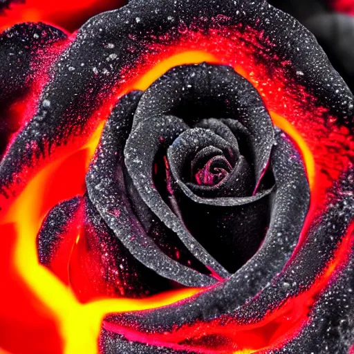 Prompt: award - winning macro of a beautiful black rose made of glowing molten magma, inner glow, lava texture