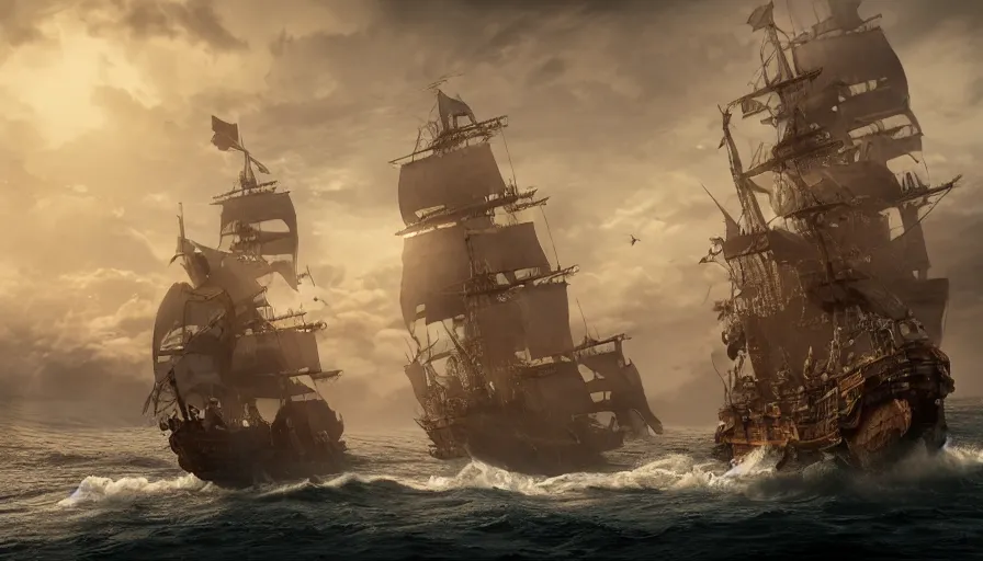 Prompt: A highly detailed matte painting of a huge pirate ship in the ocean , volumetric lighting, octane render, 4K resolution, trending on artstation