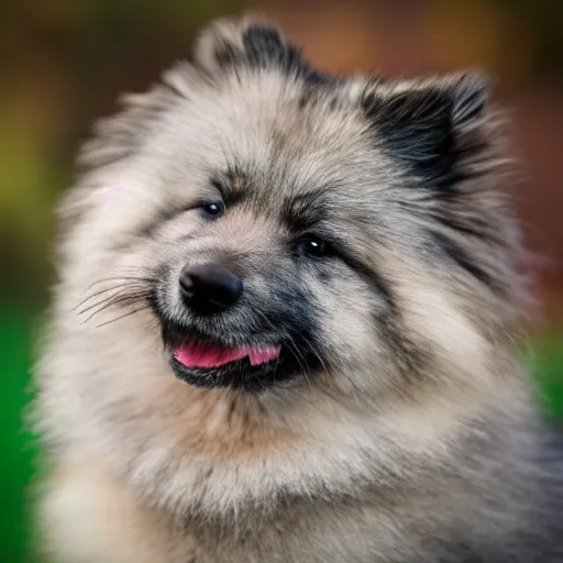 Image similar to a keeshond puppy smelling a flower, sigma 8 5 mm f / 1. 4