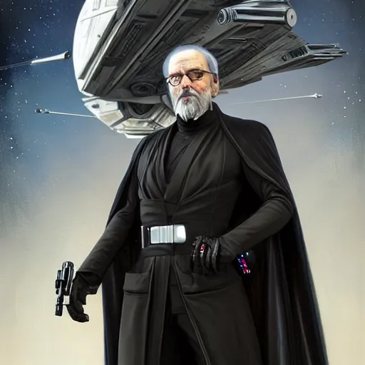 Image similar to star wars comic book style portrait painting of an old thin wispy man with a mean intelligent face, and futuristic victorian clothing, standing in front of a computer simulation, sci - fi, intricate, elegant, highly detailed, digital painting, artstation, concept art, matte, sharp focus, illustration, art by artgerm and greg rutkowski and jim burns