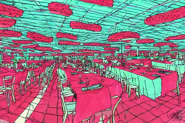 Image similar to 2 0 1 2 watermelon diner, tables repeat endlessly into the horizon, y 2 k cybercore cutecore fruitcore, one point perspective