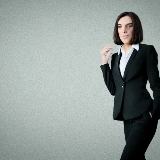 Image similar to brunette woman, black business suit, green eyes, short hair with flipped out hairstyle