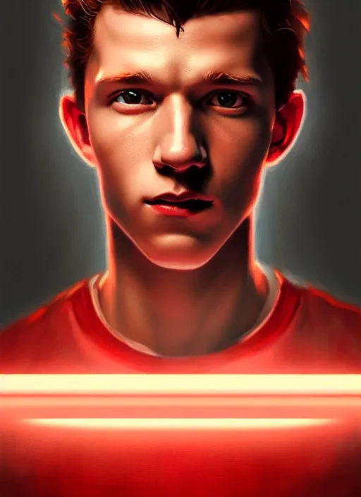 Prompt: portrait of tom holland, hazel eyes, red shirt, intricate, elegant, glowing lights, highly detailed, digital painting, artstation, concept art, smooth, sharp focus, illustration, art by wlop, mars ravelo and greg rutkowski