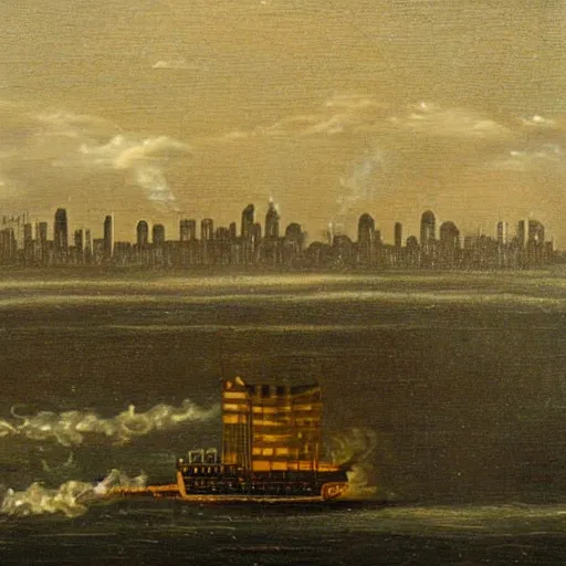 Image similar to a steamship suspended above a city skyline