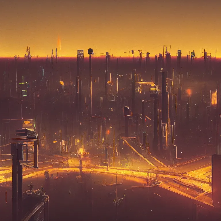 Image similar to a skyline by night in a painting from stalenhag, 4 k, 8 k, hdr, artstation, concept art