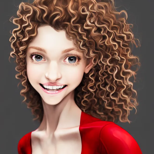 Prompt: professional digital art of a white incredibly !!!!attractive!!!! smiling woman with light brown curly hair blue eyes, front view, facing camera, standing in tight red buxom dress, very attractive, beautiful face, impressive, smiling, Canon 40mm view, HD, 4k, well composed, best on artstation, cgsociety, epic, stunning, gorgeous, intricate detail, wow, masterpiece by Gil Elvgren and Artgrem and Dorian Cleavanger