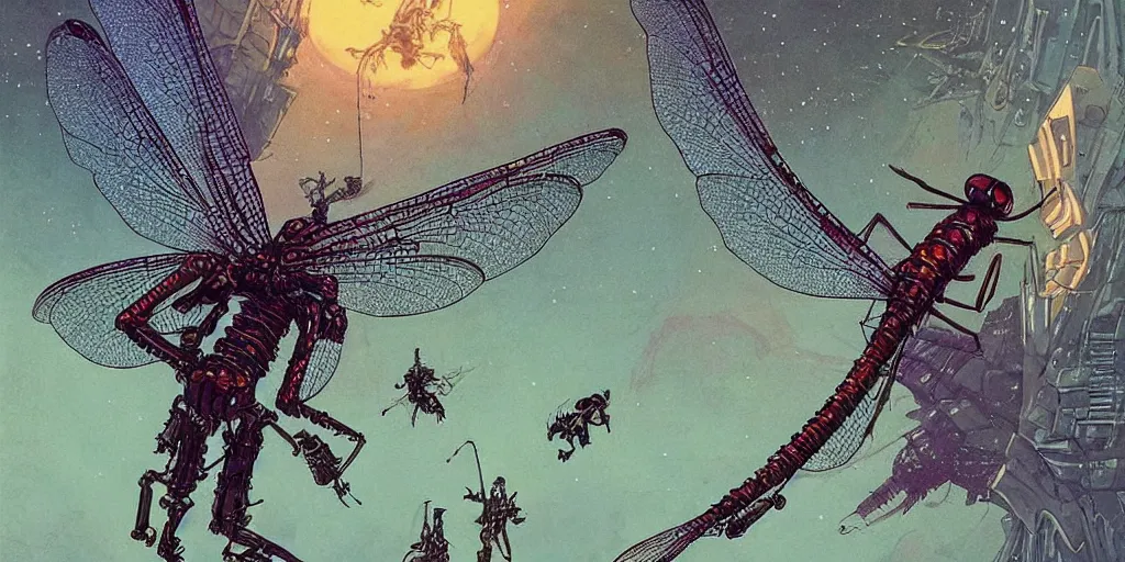 Prompt: stylised giant dragonfly with few element of cyberpunk armor attacking very tiny dark creatures in fantasy jungle, by moebius!!!!, victo ngai!!!!, cinematic view!!!, dynamic lighting, night mood!!!!