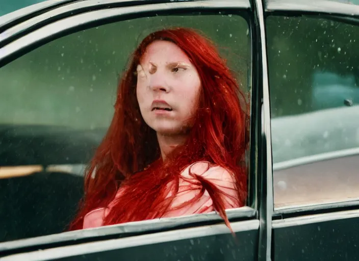 Image similar to A very high resolution image from a new movie, landscape from a car window , teen red hair woman, raining, hot, directed by wes anderson