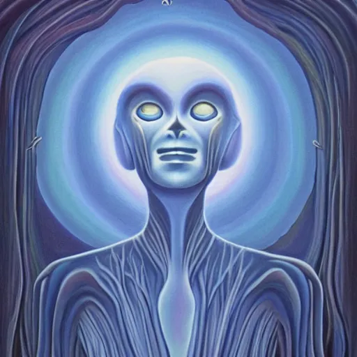 Image similar to painting of a tranquil alien looking up at sky in dense foggy forest by Alex Grey, acrylic art, ethereal, soothing, somber, elegant, warm light, cozy, glows,