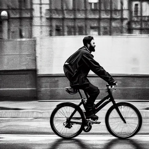 Image similar to a delivery guy wearing red jacket cycling in black and white street, rainy weather, 4 k, realistic, trending on artstation