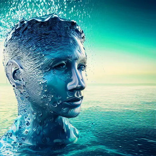 Image similar to water artwork manipulation in the shape of a human head, on the ocean water, futuristic, jelly, gradient, hyper realistic, ray tracing, realistic water, sharp focus, long shot, 8 k resolution, cinematic, photoshop water art