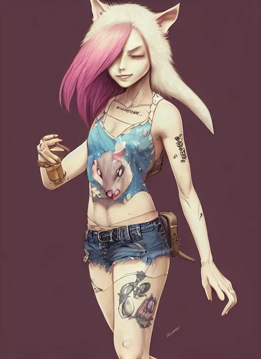 Prompt: character portrait of a female humanoid opossum fursona wearing a tanktop and shorts with arm tattoos. Character design by charlie bowater, ross tran, artgerm, and makoto shinkai, detailed, inked, western comic book art