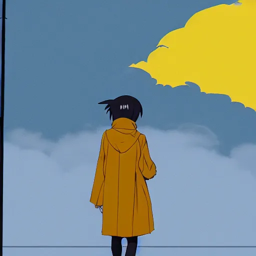 Prompt: girl wearing massive yellow raincoat, face obscured by cowl, smug grin, grin, yellow raincoat, cel - shading, 2 0 0 1 anime, flcl, jet set radio future, sunset, golden hour, japanese town, industrial park, cel - shaded, jsrf, strong shadows, vivid hues, y 2 k aesthetic