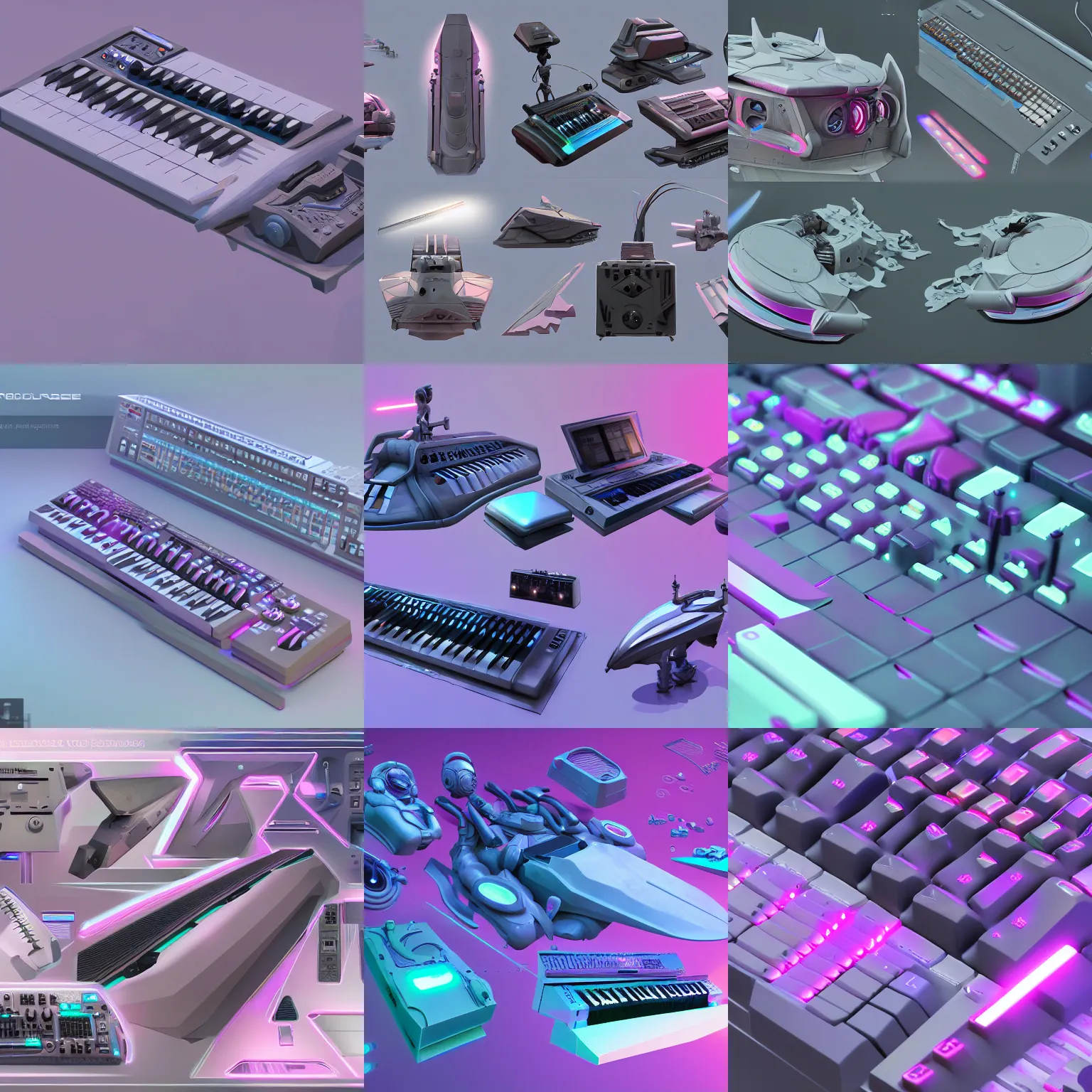 Prompt: Hard Surface Shape Form Exploration, Detailed, artstation, 8k, pastel colors, props, panel, concept, keyboard synthesizer, instrument, keyboard workstation, futuristic, greeble, collection, parts,