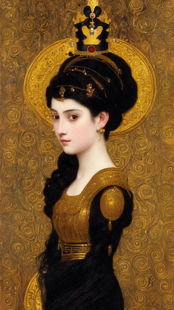 Image similar to painting portrait of a beautiful black haired woman with pale skin and a crown on her head sitted on an intricate metal throne, intricate, elegant, digital painting, smooth, sharp focus, shiny gold, realistic gold, realistic metal, by william - adolphe bouguereau and gustav klimt,