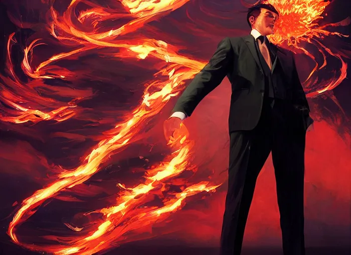 Image similar to a man wearing a suit, engulfed in a whirling fire tornado firestorm, emitting smoke and sparks, fantasy, cinematic, fine details by realistic shaded lighting poster by ilya kuvshinov katsuhiro otomo, magali villeneuve, artgerm, jeremy lipkin and michael garmash and rob rey