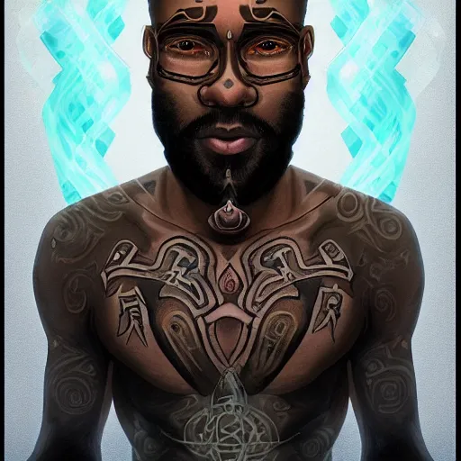 Prompt: A portrait of a dark skinned wizard covered in runic tattoos, he is surrounded by glowing floating magical runes, trending on artstation