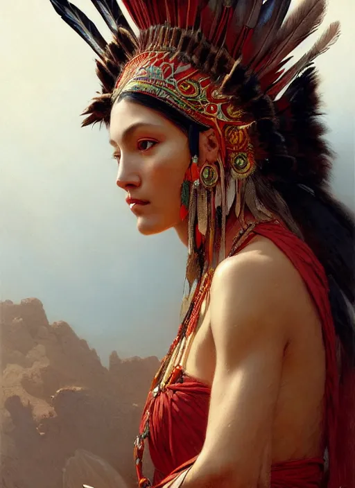 Image similar to gorgeous redskin woman wearing headdress, intricate, elegant, highly detailed, artstation, concept art, smooth, sharp focus, illustration, art by and greg rutkowski and orientalism and bouguereau