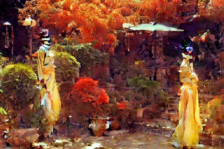 Image similar to wuxia, autumn, garden, neon light, painting by gaston bussiere, craig mullins, j. c. leyendecker