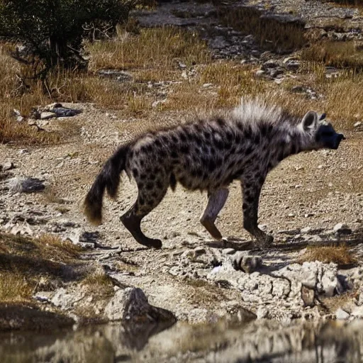 Image similar to national geographic photograph, a hyena walking through a pyrenean landscape where there is a lake