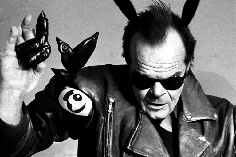 Image similar to Jack Nicholson plays Pikachu Terminator, wearing leather jacket, getting from the car