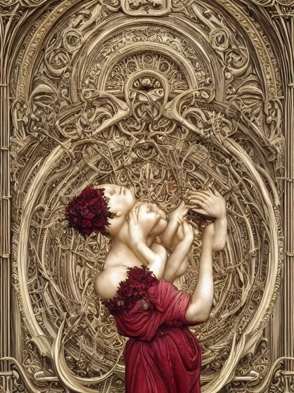 Image similar to a beautiful render of catholic rococo roses veiled red queen sculpture with symmetry intricate detailed,by Edward Burne-Jones and Lawrence Alma-Tadema and aaron horkey and NekroXIII and Billelis and peter gric,Trending on artstation,ZBrush,maximalist,glittering,gold,silver,ivory,hyperreal,golden ratio,cinematic lighting