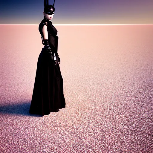 Image similar to photographic portrait of a stunningly beautiful goth cyberpunk renaissance female in strong sunshine on a salt flat, contemporary fashion shoot, by edward robert hughes, annie leibovitz and steve mccurry, david lazar, jimmy nelsson, breathtaking, 8 k resolution, extremely detailed, beautiful, establishing shot, artistic, hyperrealistic, beautiful face, octane render