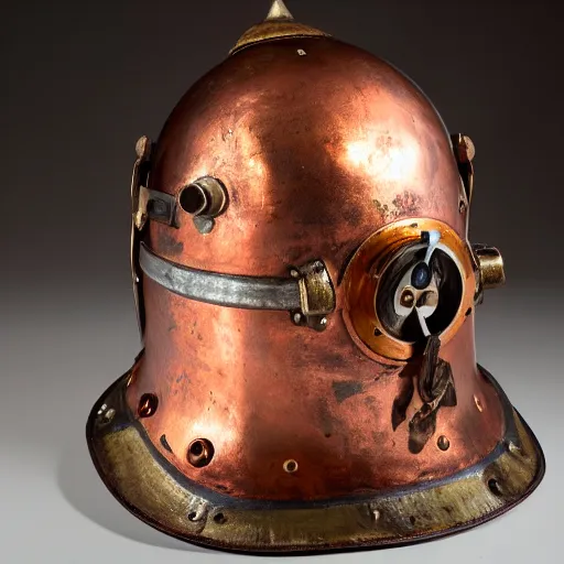 Prompt: a photo of an old copper deep diving helmet mixed with a knights helmet, royal details, ornamented, victorian, f 2. 8
