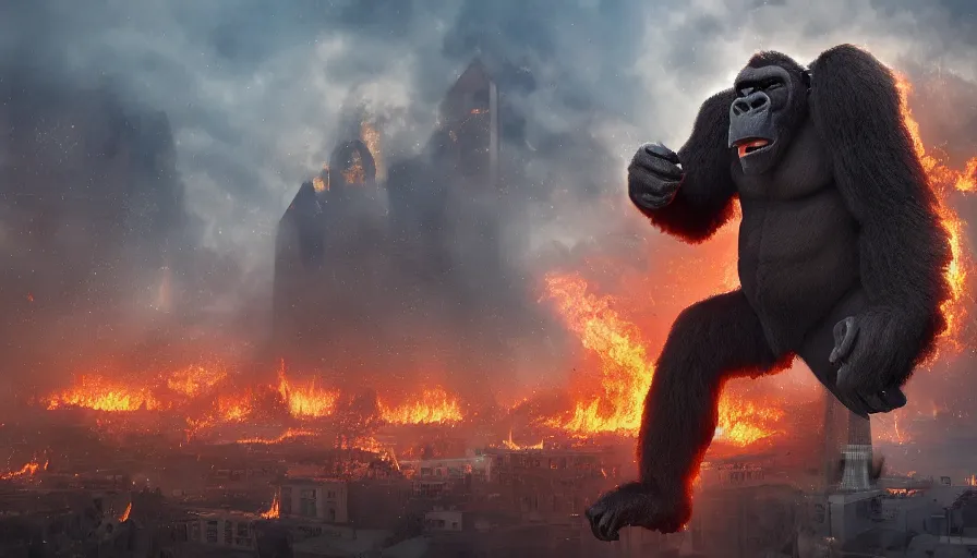 Prompt: giant gorilla destroying washington dc, fire and ashes, debris, collapsed buildings, smoke columns, hell on earth, apocalypse, army, hyperdetailed, artstation, cgsociety, 8 k