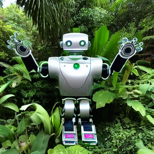 Image similar to robot made of plants in the jungle