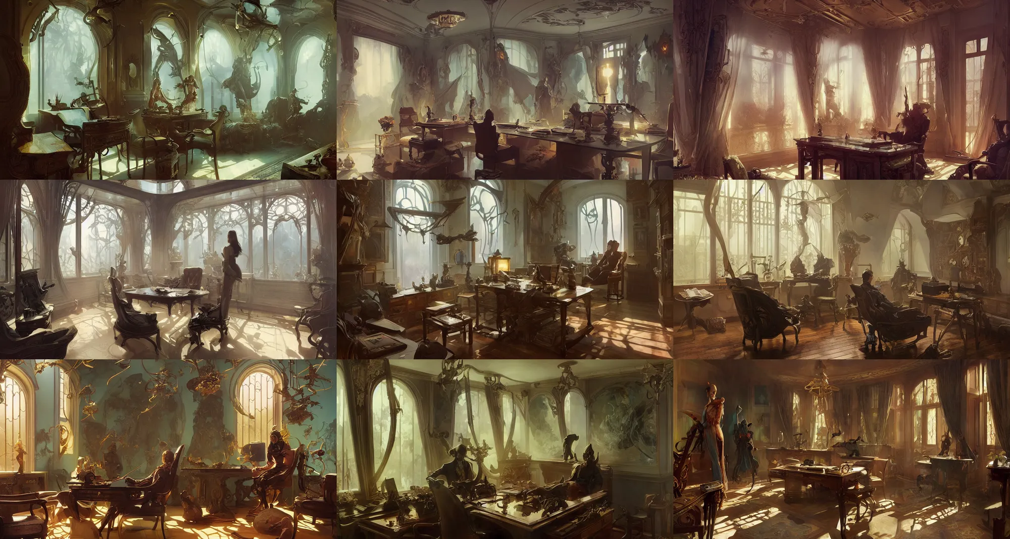 Prompt: home office interior, art nouveau, fantasy, art by joseph leyendecker, peter mohrbacher, ivan aivazovsky, ruan jia, reza afshar, marc simonetti