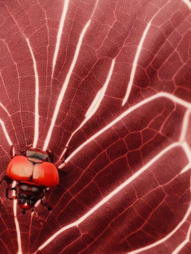 Prompt: subsurface scattering. close - up shot of a beautiful red and white beetle. insect eyes. complementary color scheme. by slim aarons, by kechun zhang. studio photography high quality highly detailed award winning photograph by national geographic. soft volumetric light, smooth gradient.