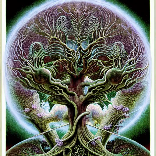 Image similar to sacred mulberry tree by roger dean and andrew ferez, art forms of nature by ernst haeckel, divine chaos engine, symbolist, visionary, art nouveau, botanical fractal structures, tree of life, lightning, detailed, realistic, surreality, lichtenberg figure