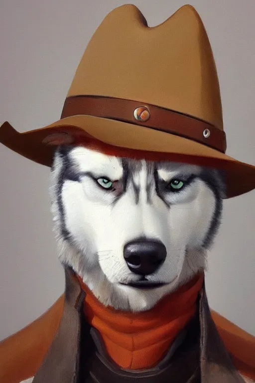 Prompt: a portrait painting of a husky in cowboy costume, wearing a cowboy hat, by studio ghibli, [ western film ], humanoid, personify, anthropomorphic, trending on artstation