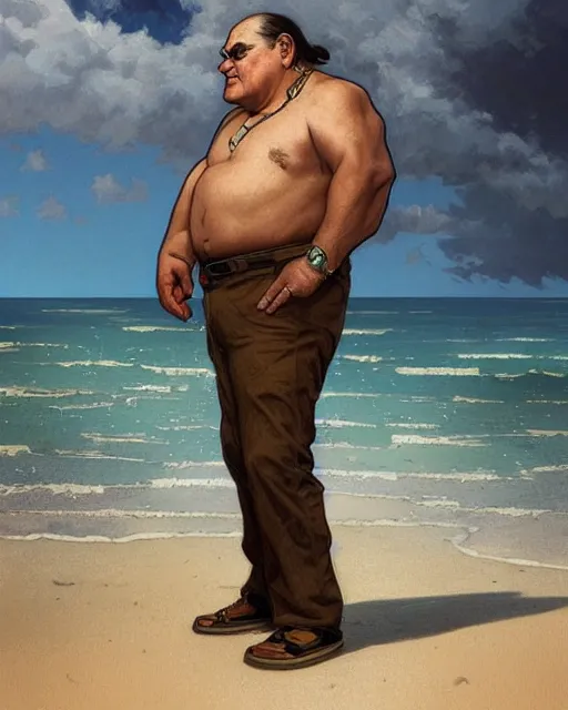 Image similar to beautiful, danny de vito standing in front of a beach, intricate, stunning, highly detailed, digital painting, artstation, concept art, smooth, sharp, focus, illustration, art by artgerm and greg rutkowski and alphonse mucha