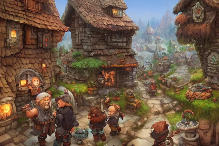 Prompt: dwarf cozy fantasy village street view by artgerm and Craig Mullins, James Jean, Andrey Ryabovichev, Mark Simonetti and Peter Morbacher 16k