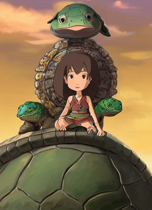 Image similar to portrait of a little warrior girl character sitting on top of a giant armored turtle in the desert, studio ghibli epic character with dark skin and beautiful green eyes. the girl has a very beautiful detailed symmetrical face, long black hair, the turtle has a big smiling face and closed eyes, bright colors, diffuse light, dramatic landscape, fantasy illustration