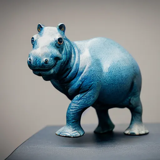 Image similar to small hippopotamus sculpture on a desk with bottom part and legs made out of wood and back and top part out of blue epoxy sculpture, mix, decorative small, 3 5 mm macro photography, studio