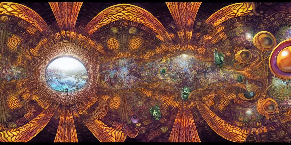 Image similar to 360 degree equirectangular, anthropomorphic mushroom circus portrait, Art Deco nature, fantasy, intricate art deco mushroom designs, elegant, highly detailed fractals, sharp focus, fractal, equirectangular, 360 degree, equirectangular, 360 monoscopic equirectangular, art by Artgerm and beeple and Greg Rutkowski and WLOP